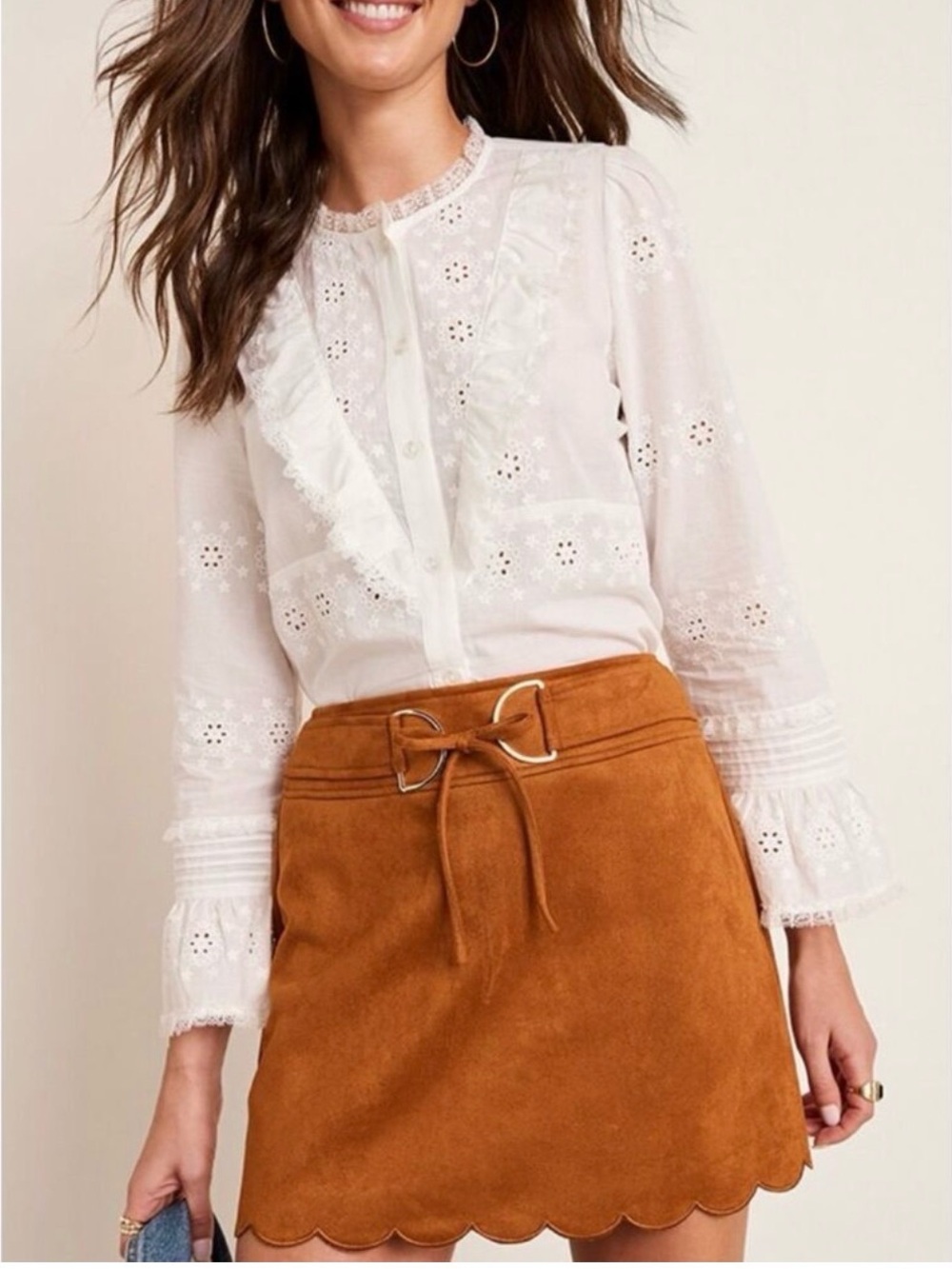 Francesca’s Alexis white cotton bell sleeve eyelet button up blouse - M